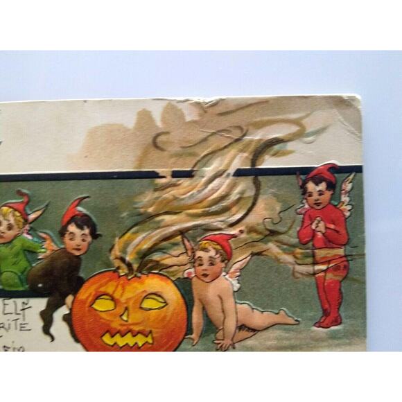 Halloween Postcard HBG HB Griggs Pixies Elves Brownies Fantasy Ann Arbor Germany - Picture 5 of 6